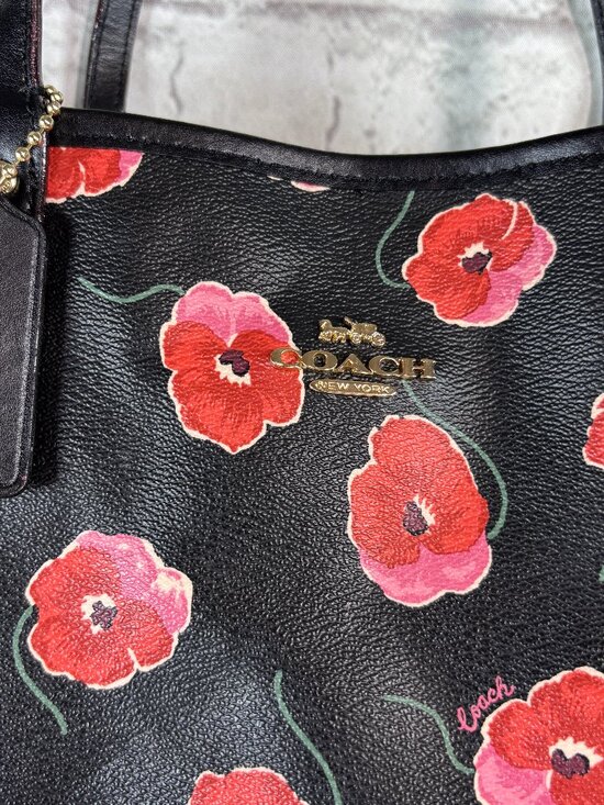 Coach Handbags - Coach Reversible City Tote featuring a vibrant red and pink poppy floral print